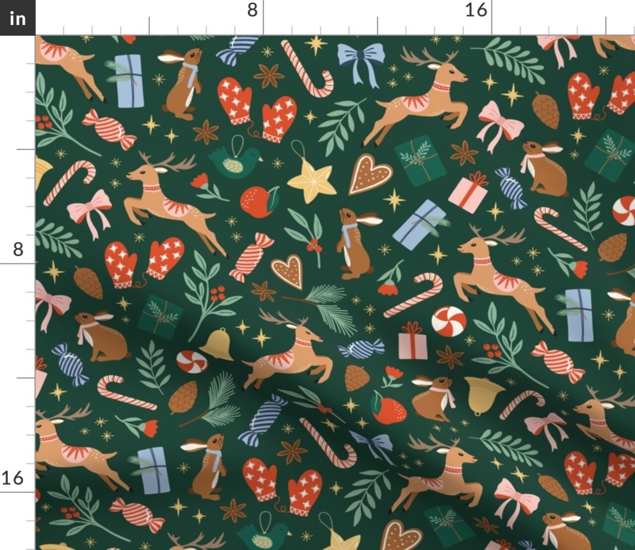Whimsical Holiday Dark Green Reindeer Candy Cane Winter Wonderland Colorful Cabincore Custom Printed Fabric by Spoonflower Various Fabrics by the Yard or Fat Quarter